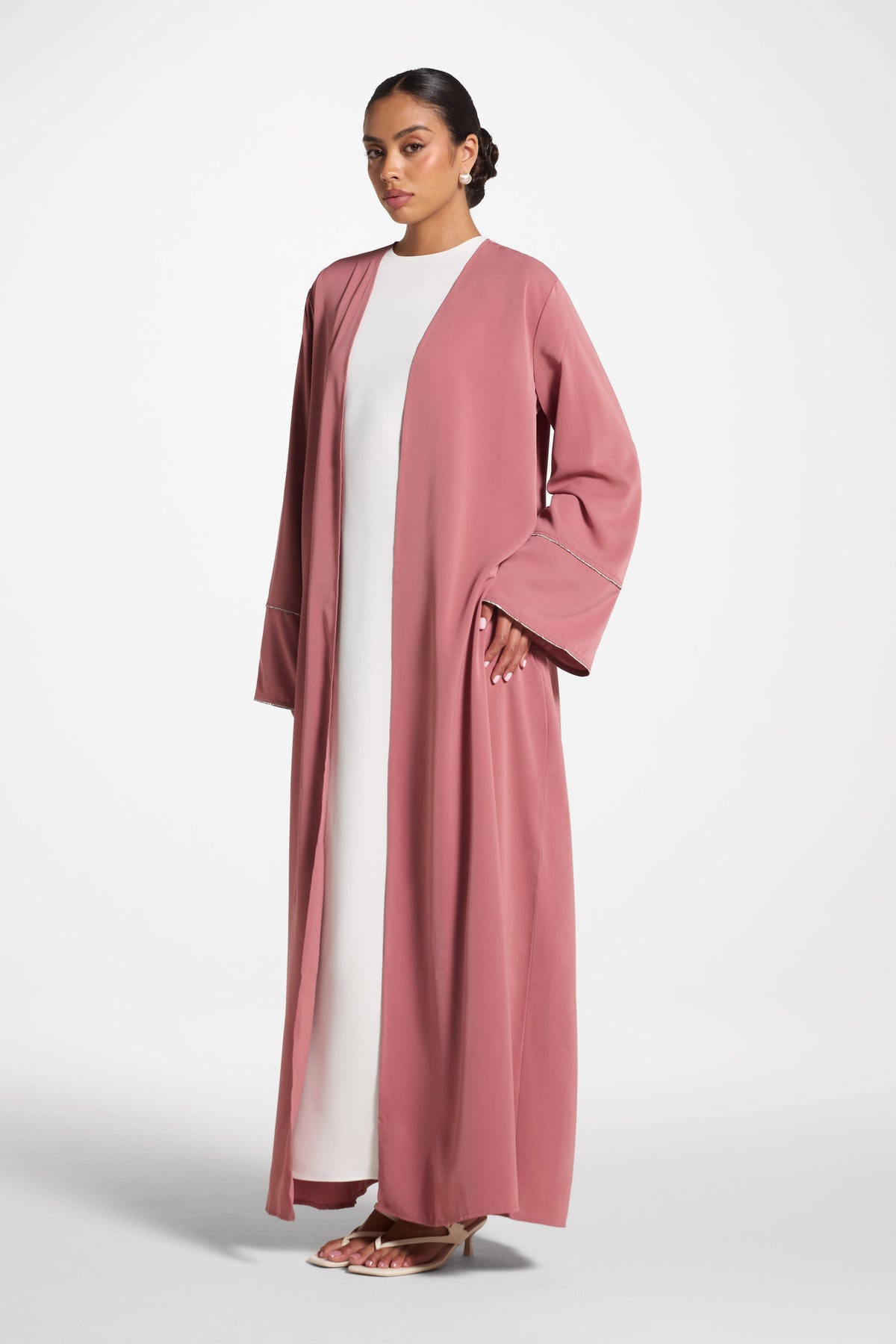 Embellished Sleeve Open Abaya - Pink