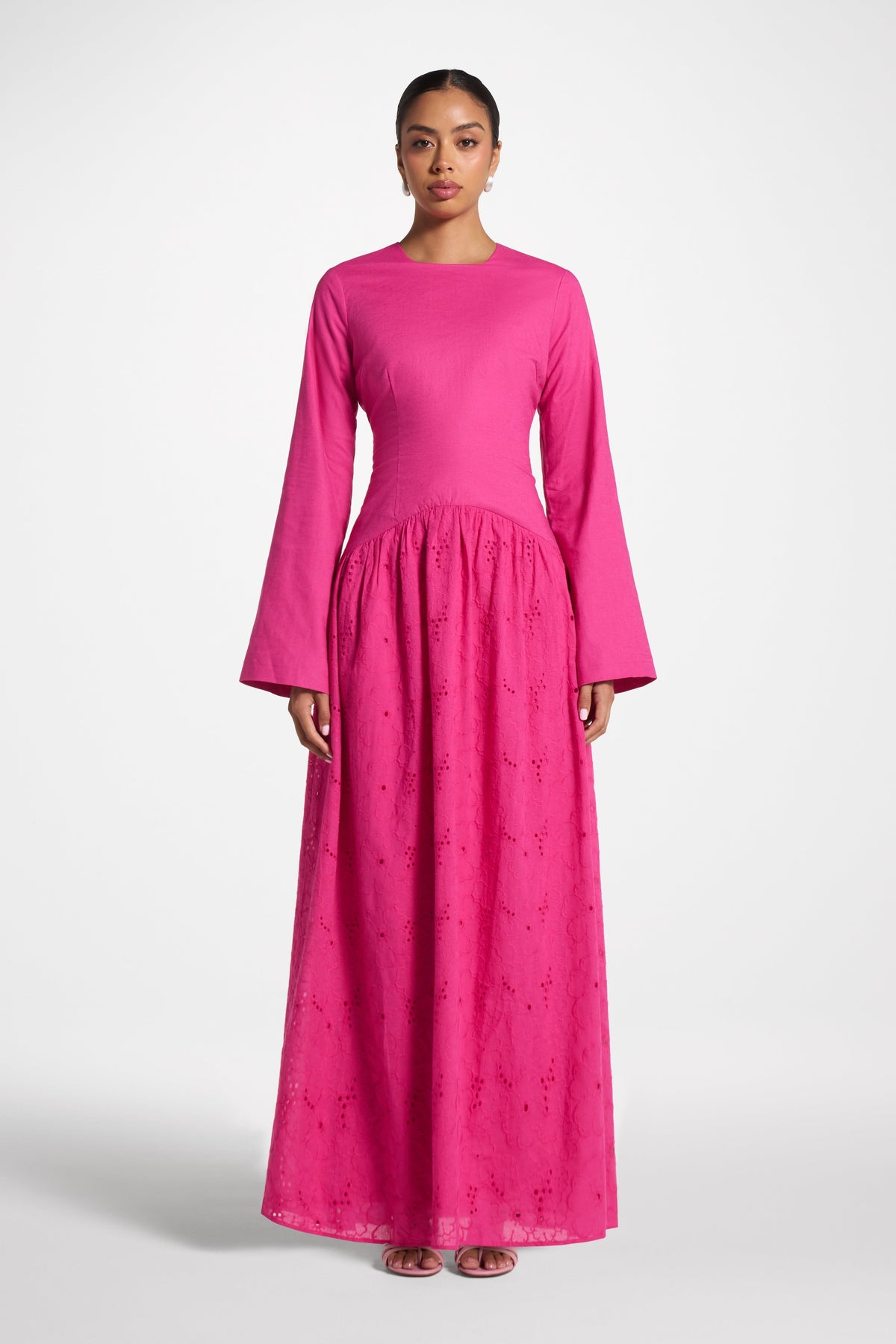 Eyelet Lace Up Maxi Dress - Magenta