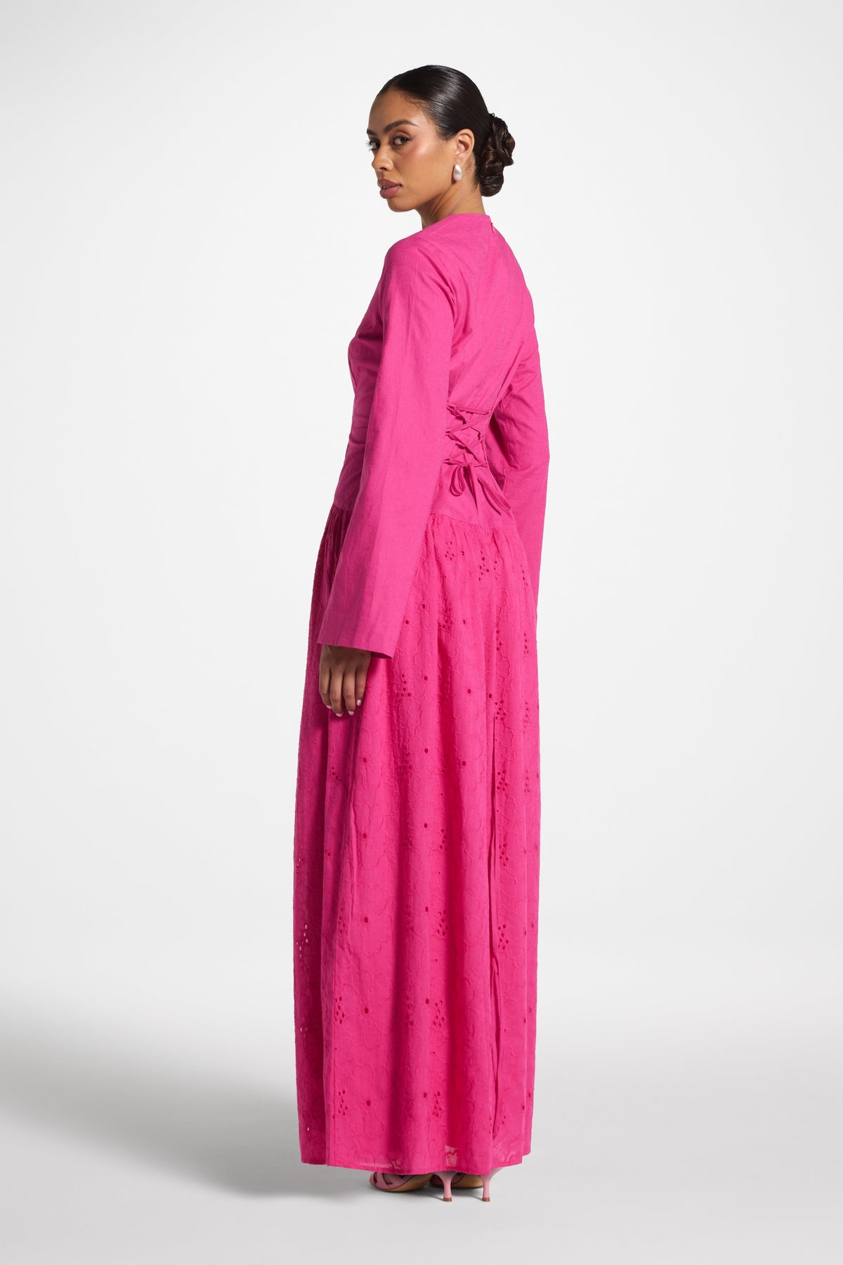 Eyelet Lace Up Maxi Dress - Magenta
