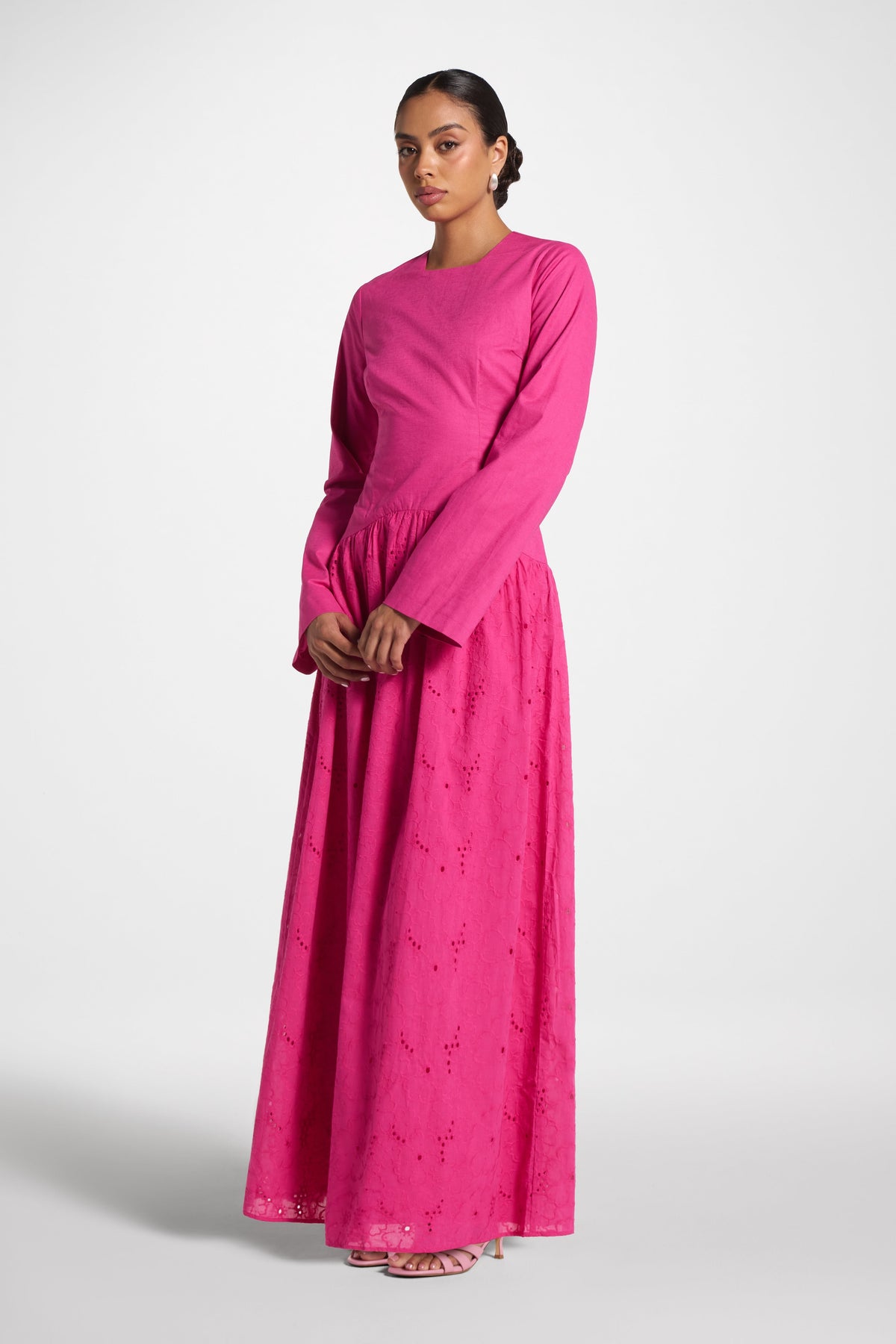 Eyelet Lace Up Maxi Dress - Magenta