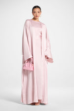 Ghada Satin Open Abaya & Dress Set - Pastel Pink