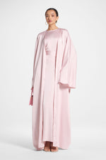 Ghada Satin Open Abaya & Dress Set - Pastel Pink