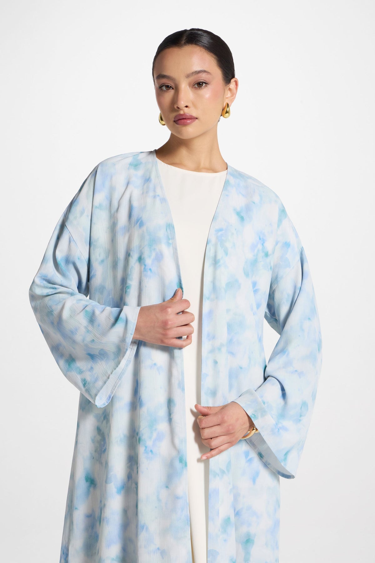 Lujain Printed Open Abaya - Blue Watercolor