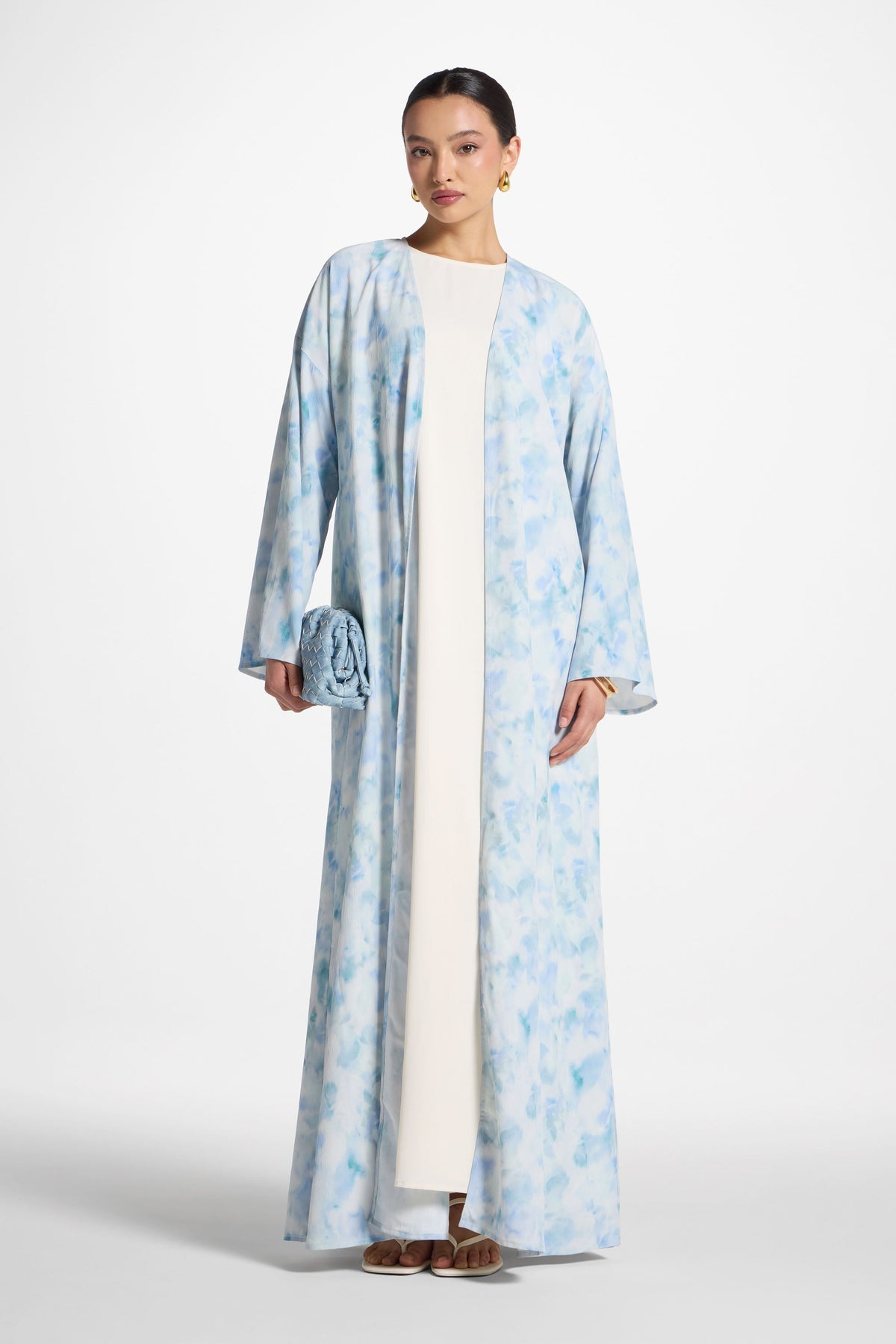 Lujain Printed Open Abaya - Blue Watercolor