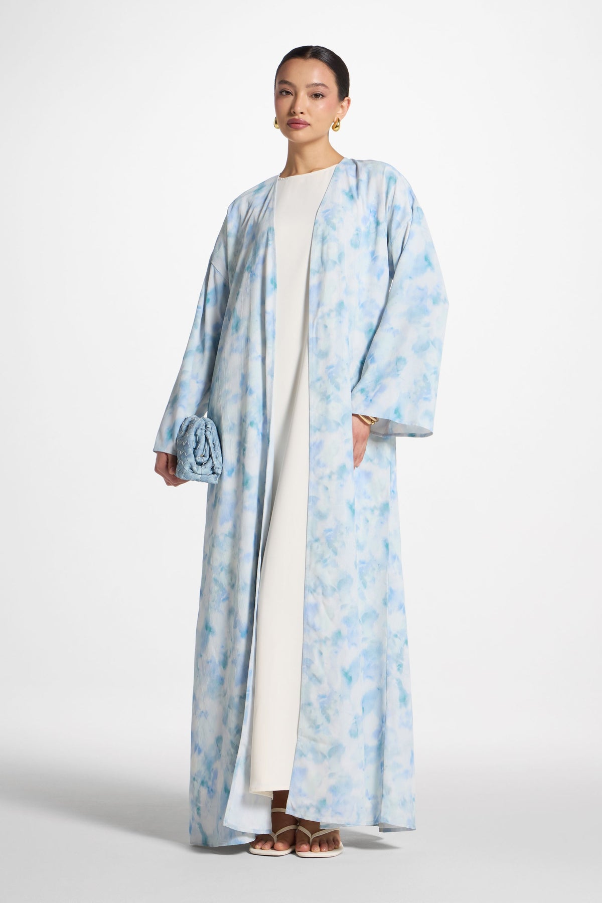 Lujain Printed Open Abaya - Blue Watercolor
