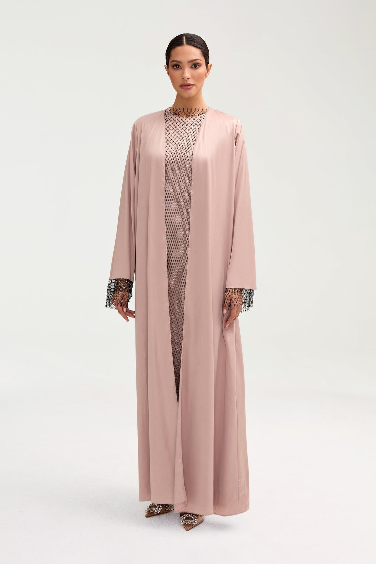 Lyana Crystal Satin Abaya - Pink Jasmine
