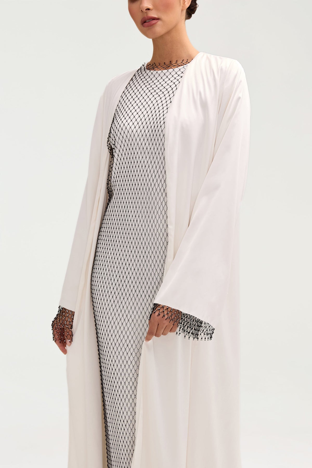 Lyana Crystal Satin Abaya - White