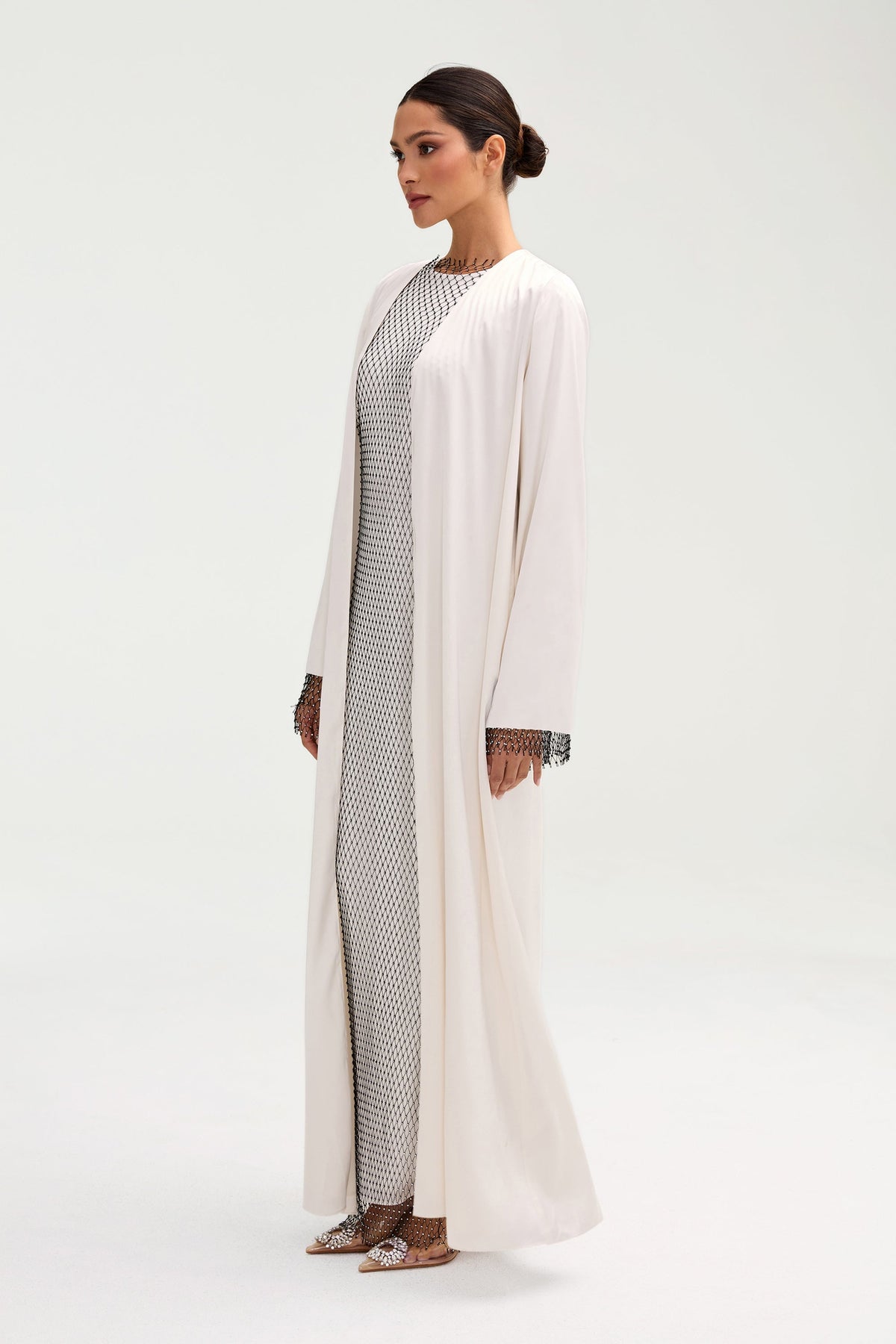 Lyana Crystal Satin Abaya - White