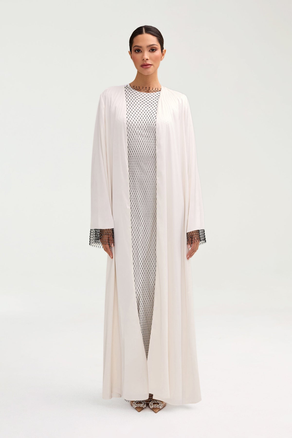 Lyana Crystal Satin Abaya - White