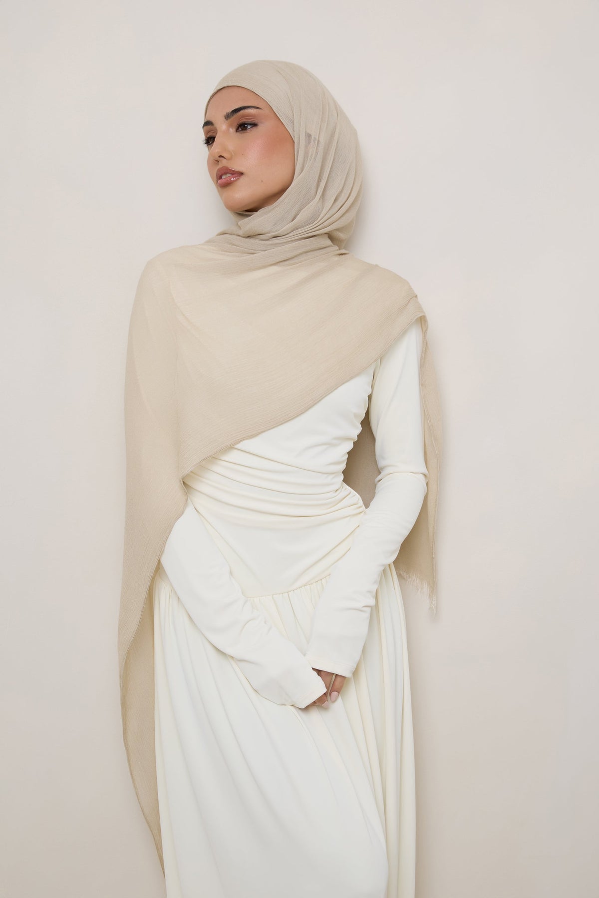 Modal Crinkle Hijab - Beige Fringe