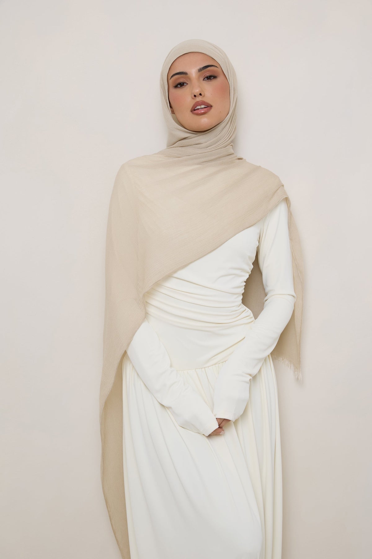Modal Crinkle Hijab - Beige Fringe