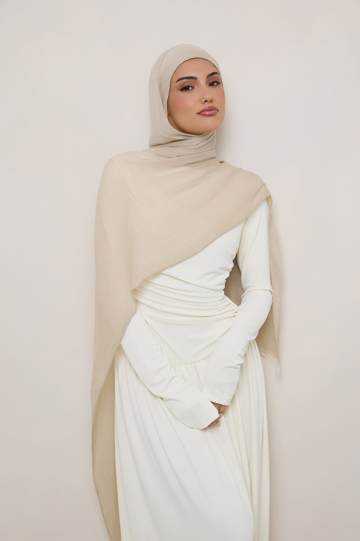 Modal Crinkle Hijab - Beige Fringe