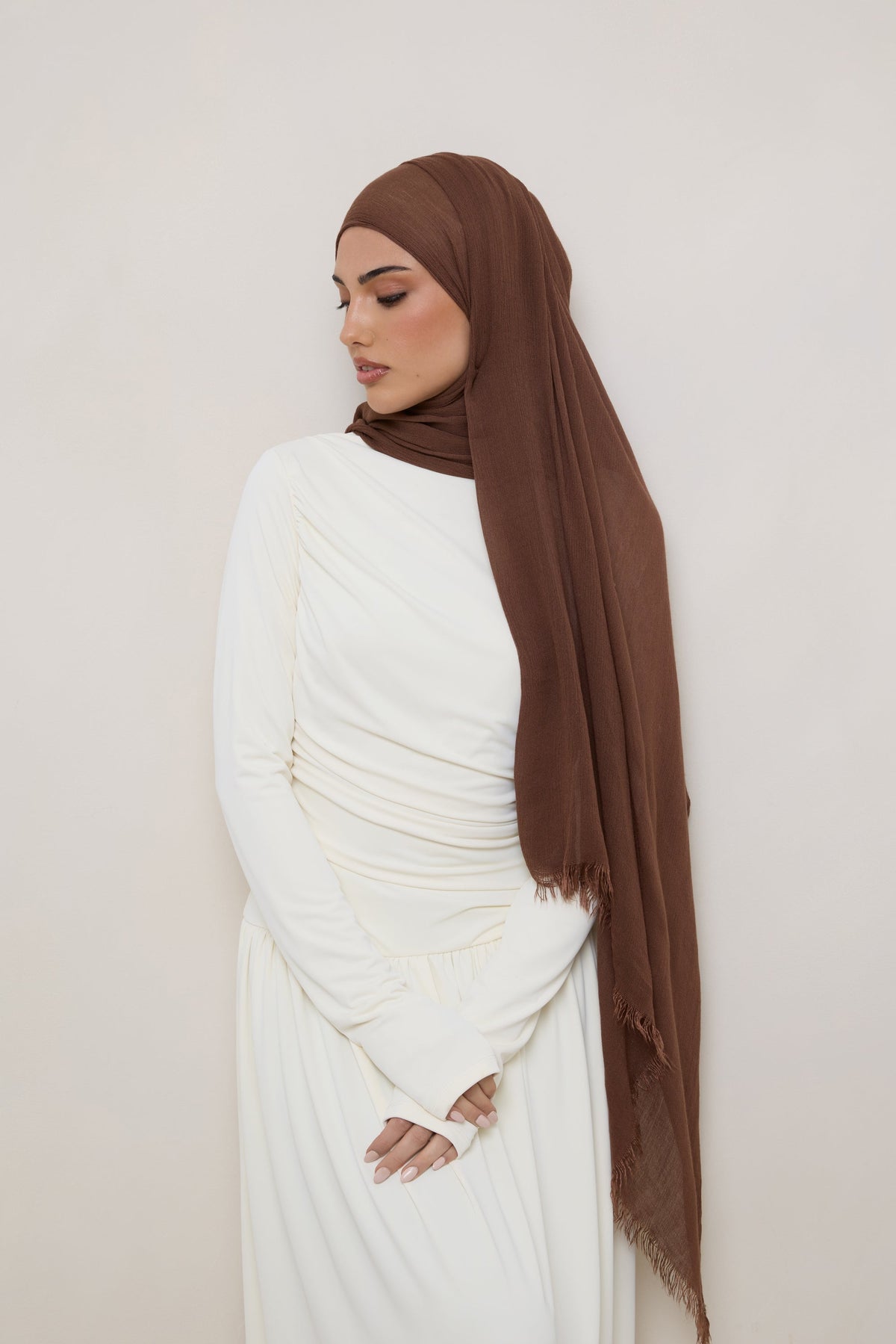Modal Crinkle Hijab - Coffee Quartz Fringe