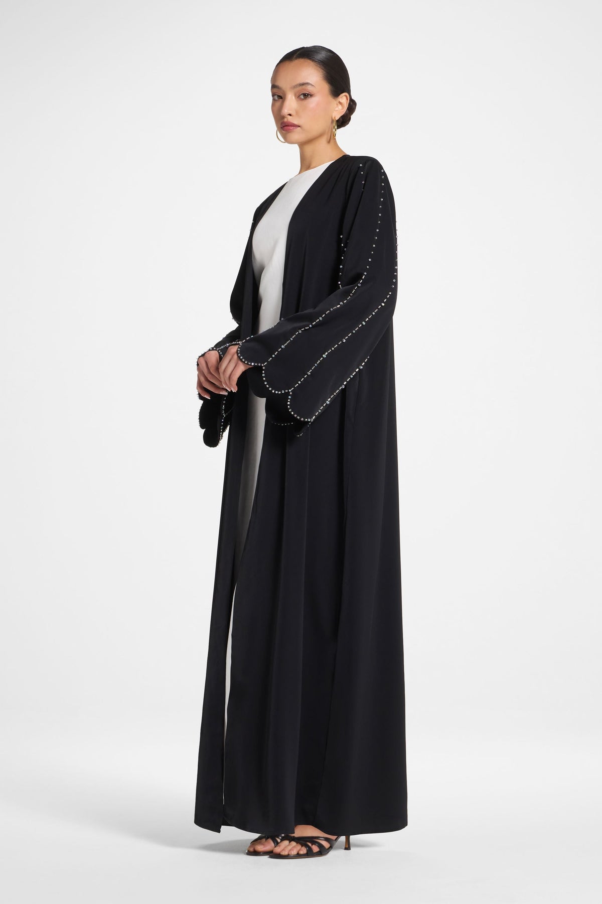 Nada Embellished Open Abaya - Black