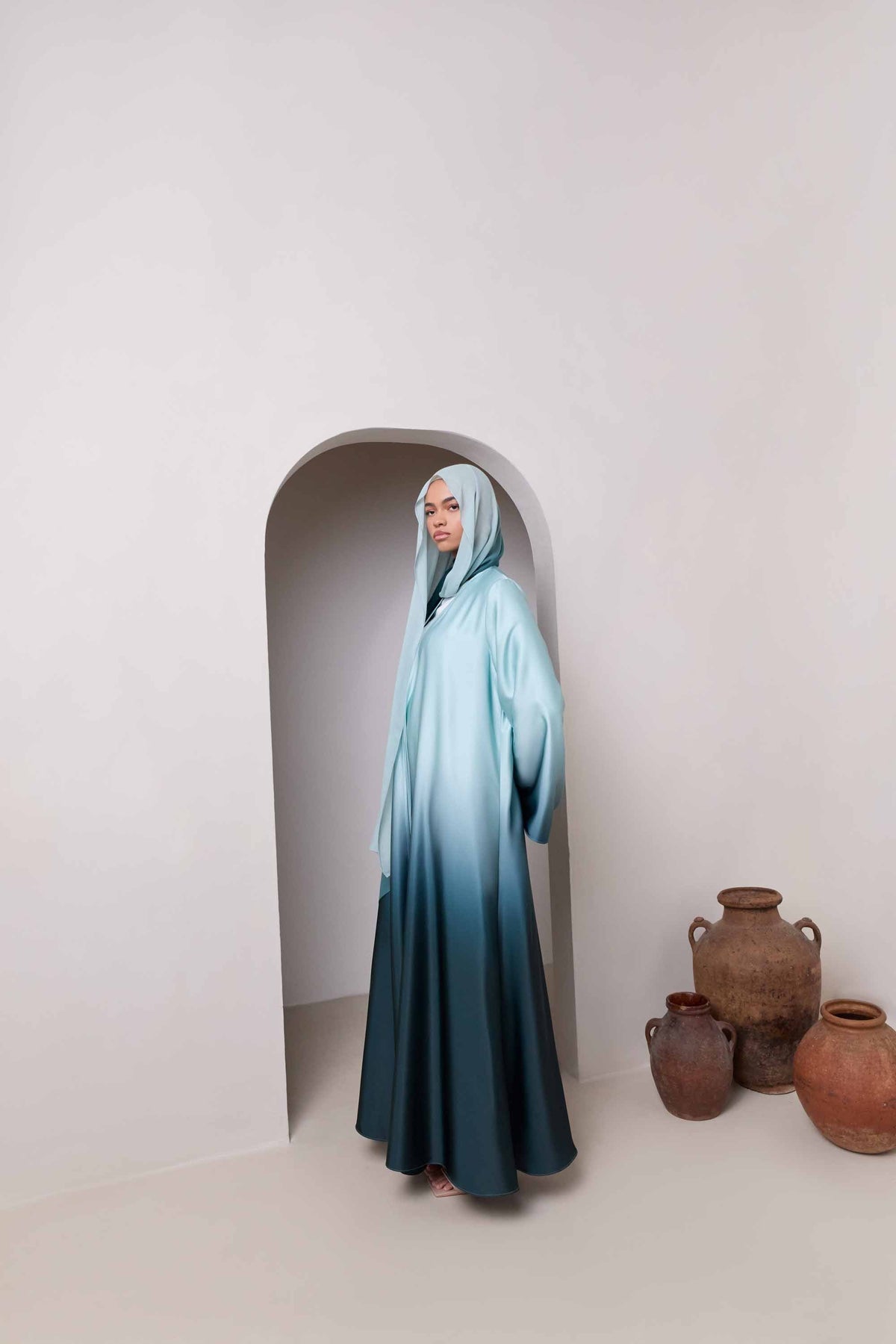Satin Ombre Open Abaya - Night Pine