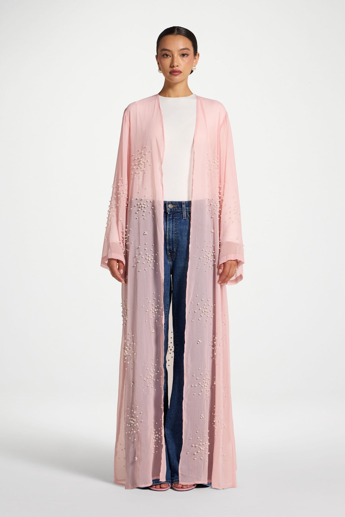 Pearl Embellished Open Abaya - Baby Pink