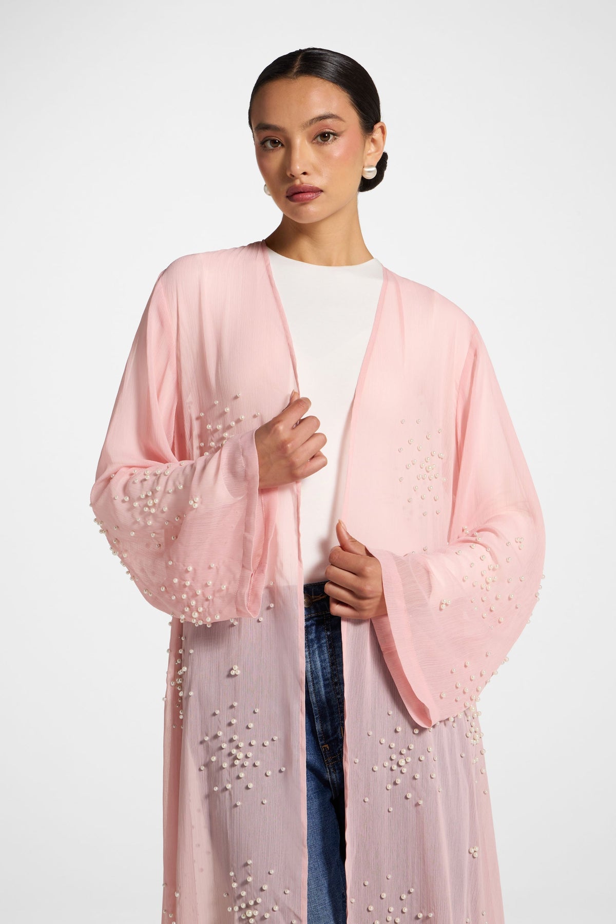 Pearl Embellished Open Abaya - Baby Pink
