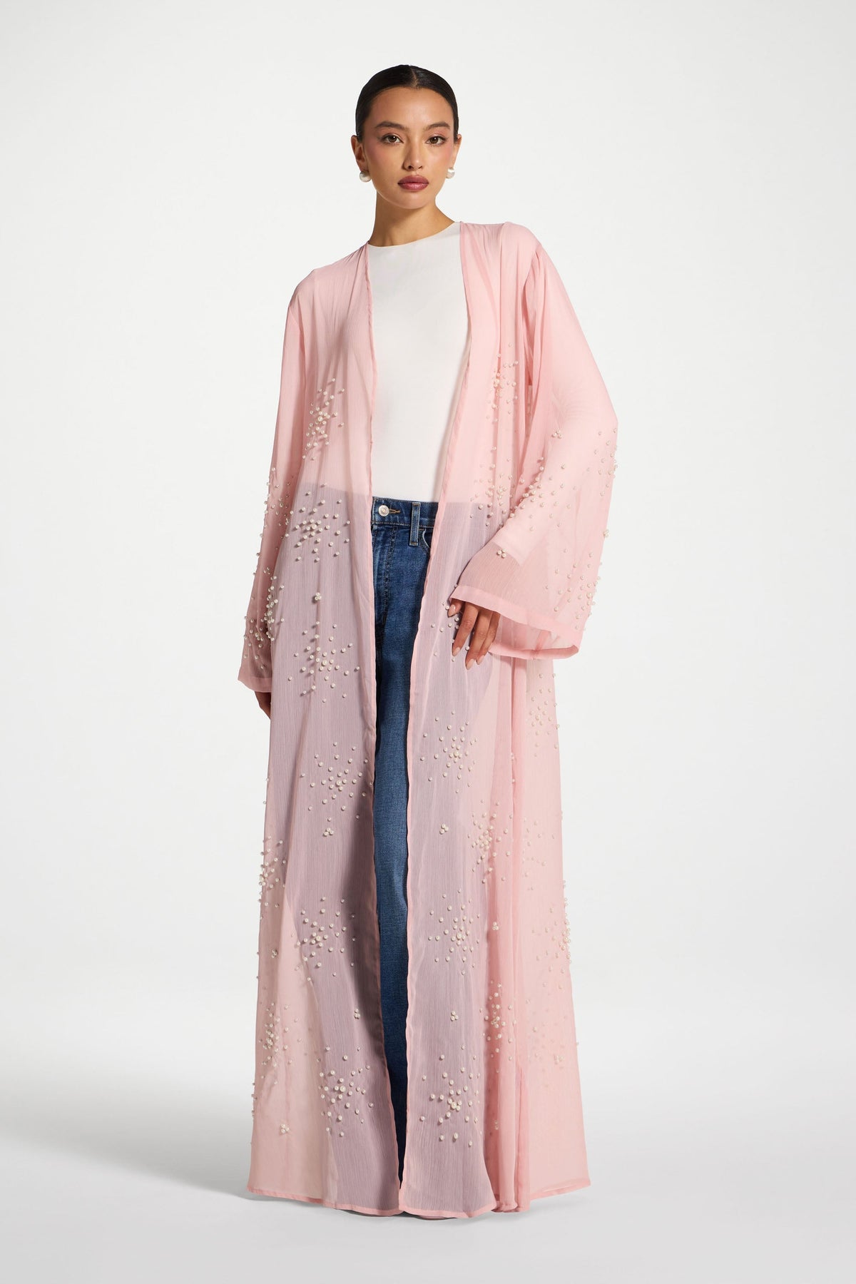 Pearl Embellished Open Abaya - Baby Pink