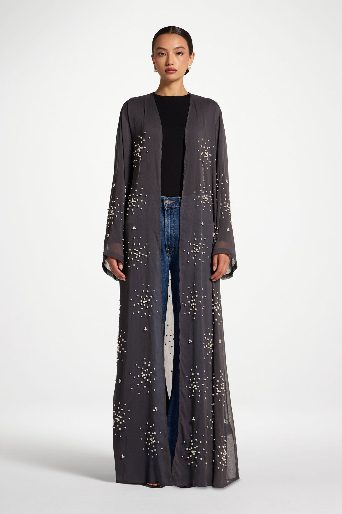 Pearl Embellished Open Abaya - Dark Grey