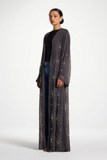 Pearl Embellished Open Abaya - Dark Grey