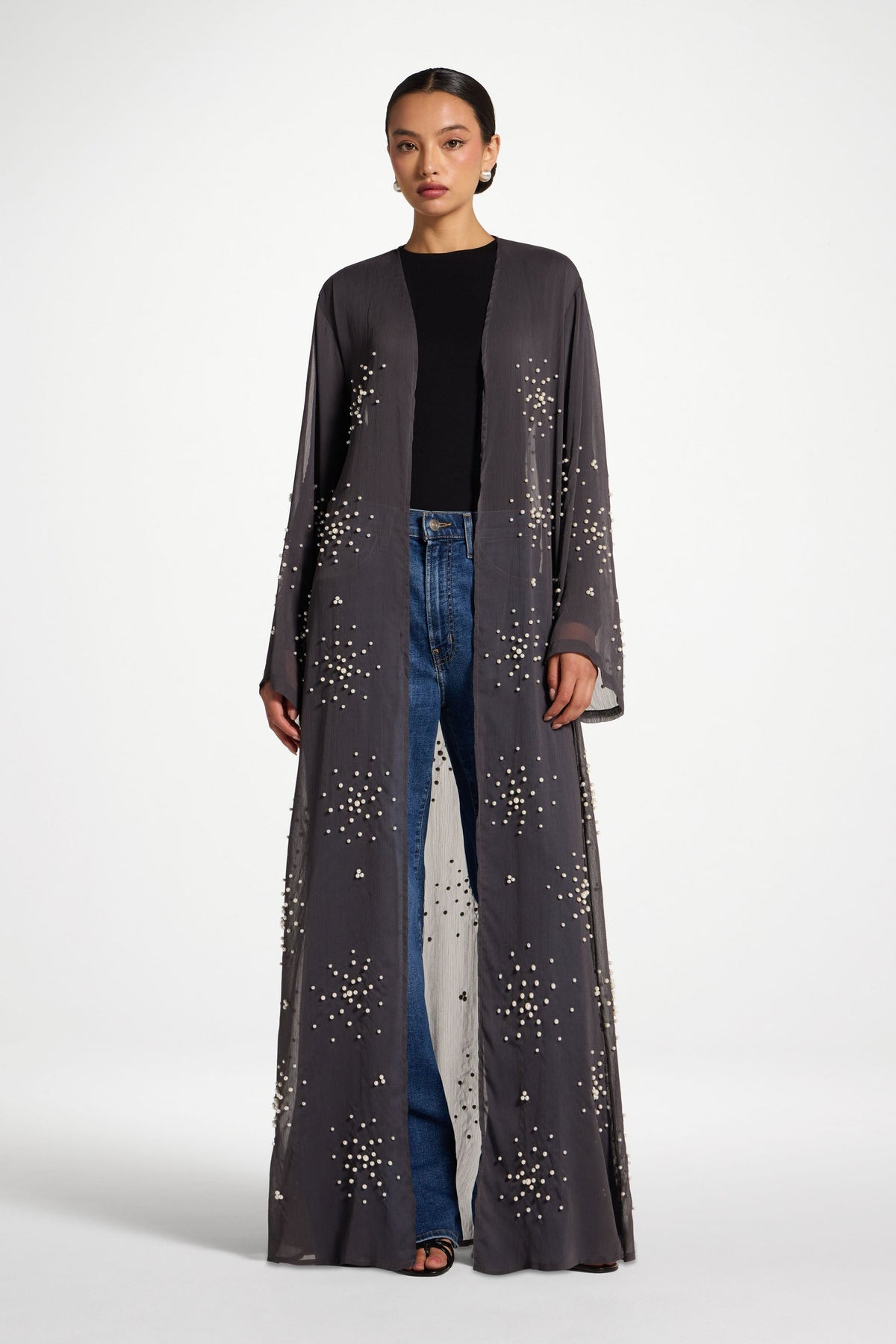 Pearl Embellished Open Abaya - Dark Grey