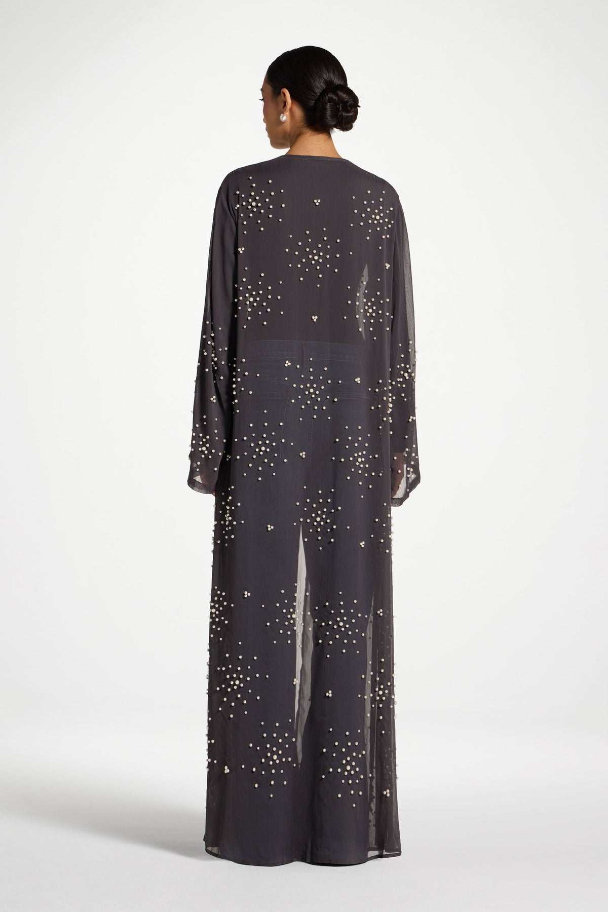 Pearl Embellished Open Abaya - Dark Grey