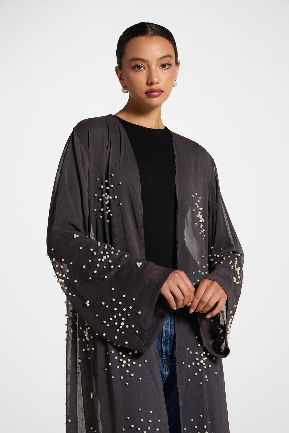 Pearl Embellished Open Abaya - Dark Grey