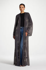 Pearl Embellished Open Abaya - Dark Grey