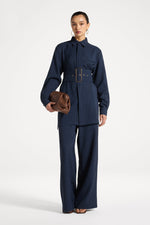 Pinstripe Belted Top - Heritage Blue