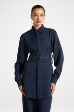 Pinstripe Belted Top - Heritage Blue