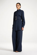 Pinstripe Belted Top - Heritage Blue