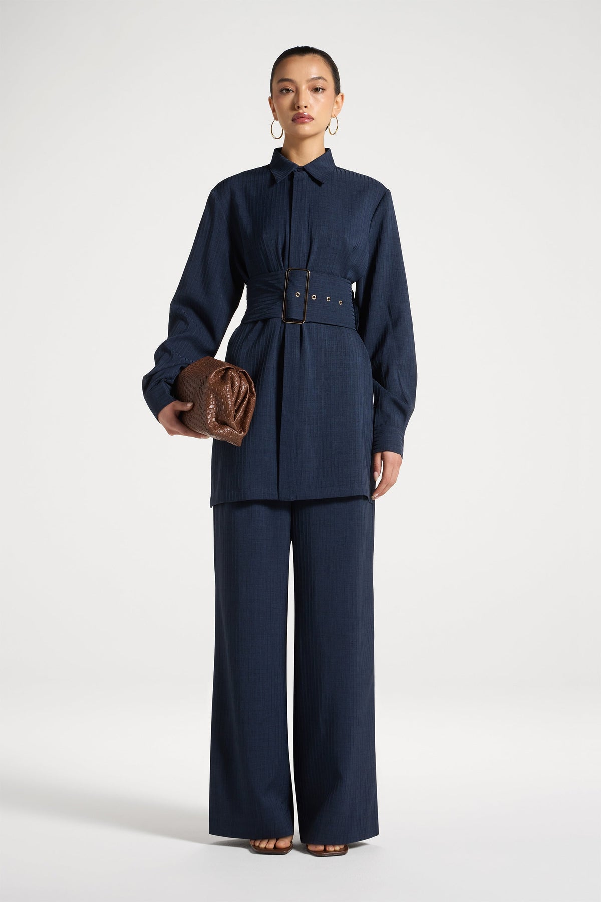 Pinstripe Belted Top - Heritage Blue