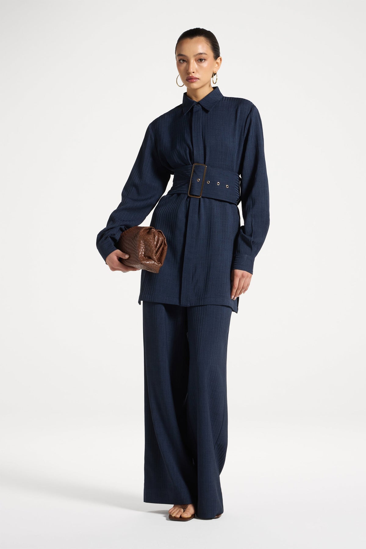 Pinstripe Belted Top - Heritage Blue