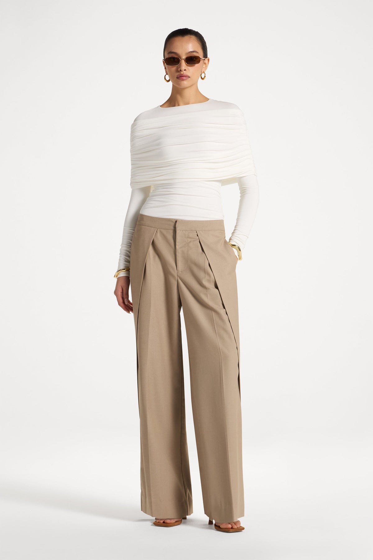 Pleat Front Wide Leg Pants - Warm Taupe