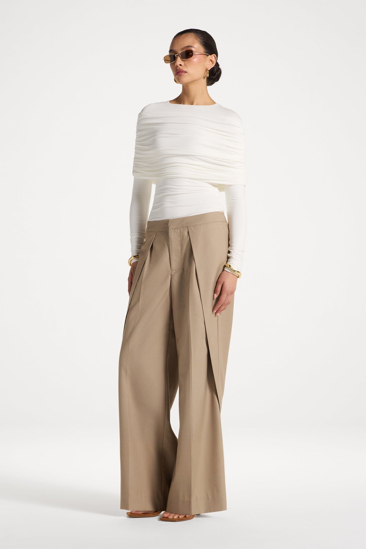 Pleat Front Wide Leg Pants - Warm Taupe