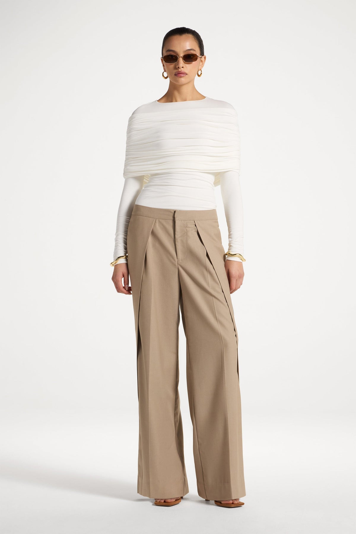 Pleat Front Wide Leg Pants - Warm Taupe