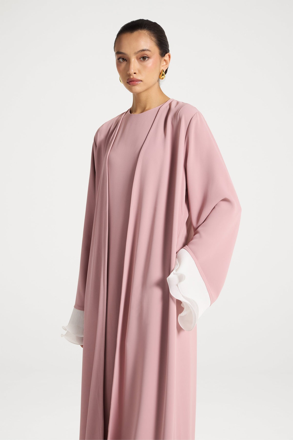 Pleated Sleeve Open Abaya - Pink
