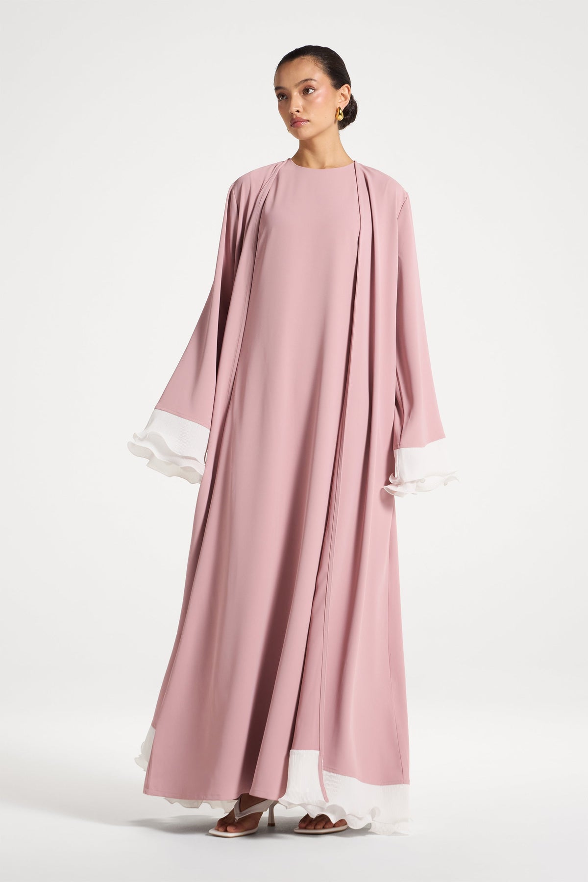 Pleated Sleeve Open Abaya - Pink