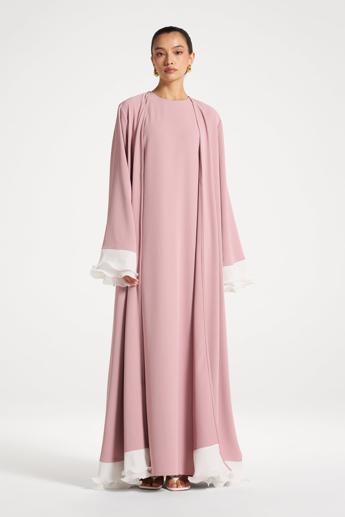 Pleated Sleeve Open Abaya - Pink