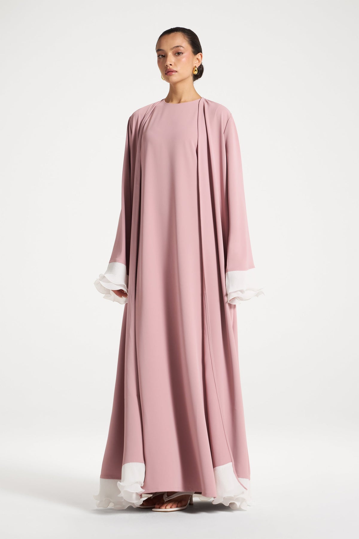 Pleated Sleeve Open Abaya - Pink