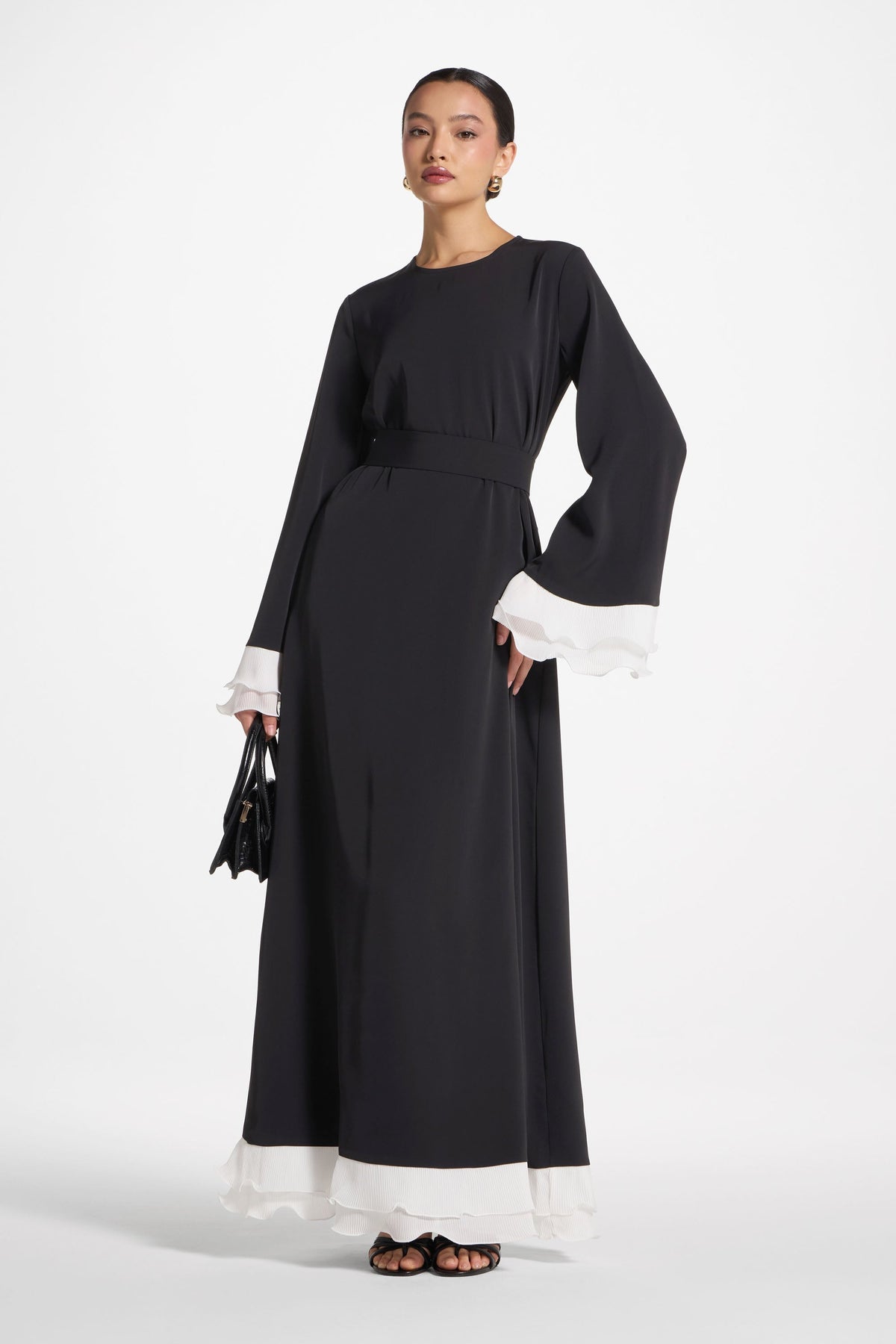Plisse Sleeve Maxi Dress - Black
