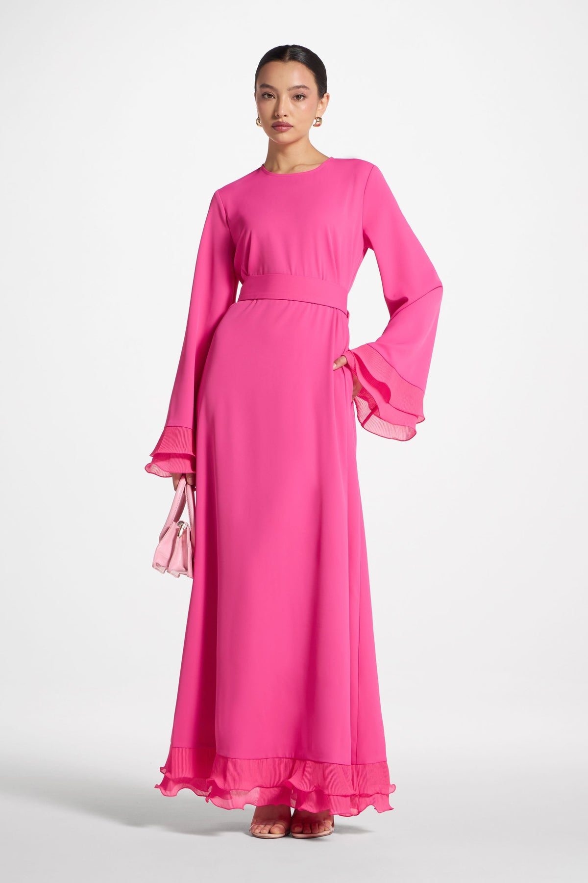 Plisse Sleeve Maxi Dress - Pink