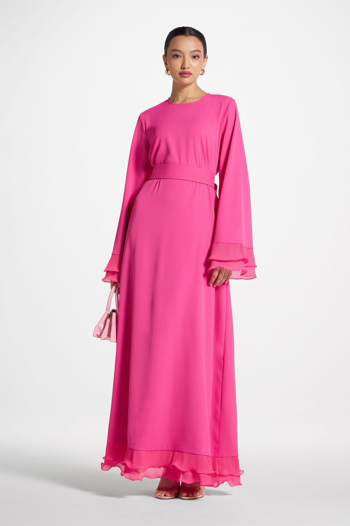 Plisse Sleeve Maxi Dress - Pink