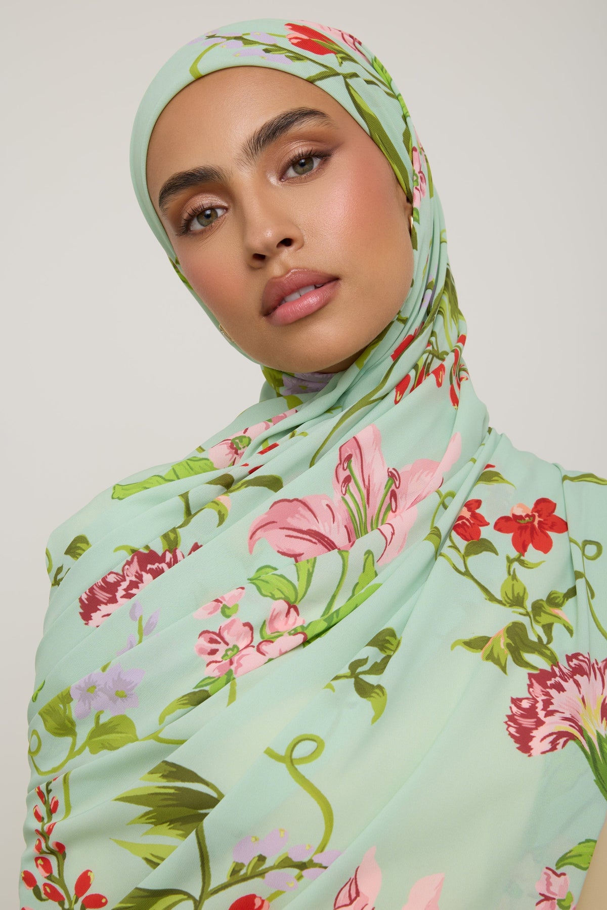 Printed Chiffon Hijab - Pastel Green Floral