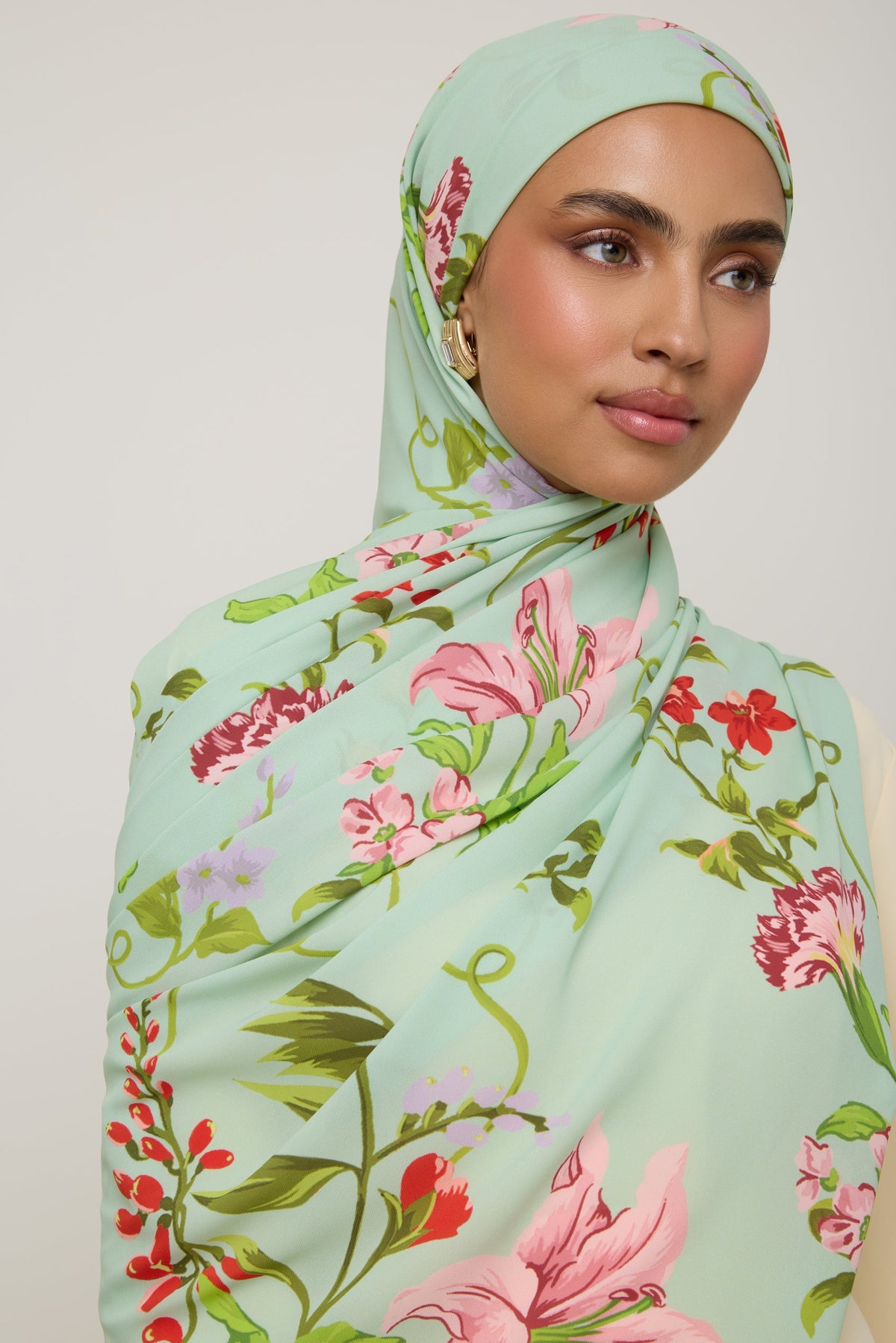 Printed Chiffon Hijab - Pastel Green Floral