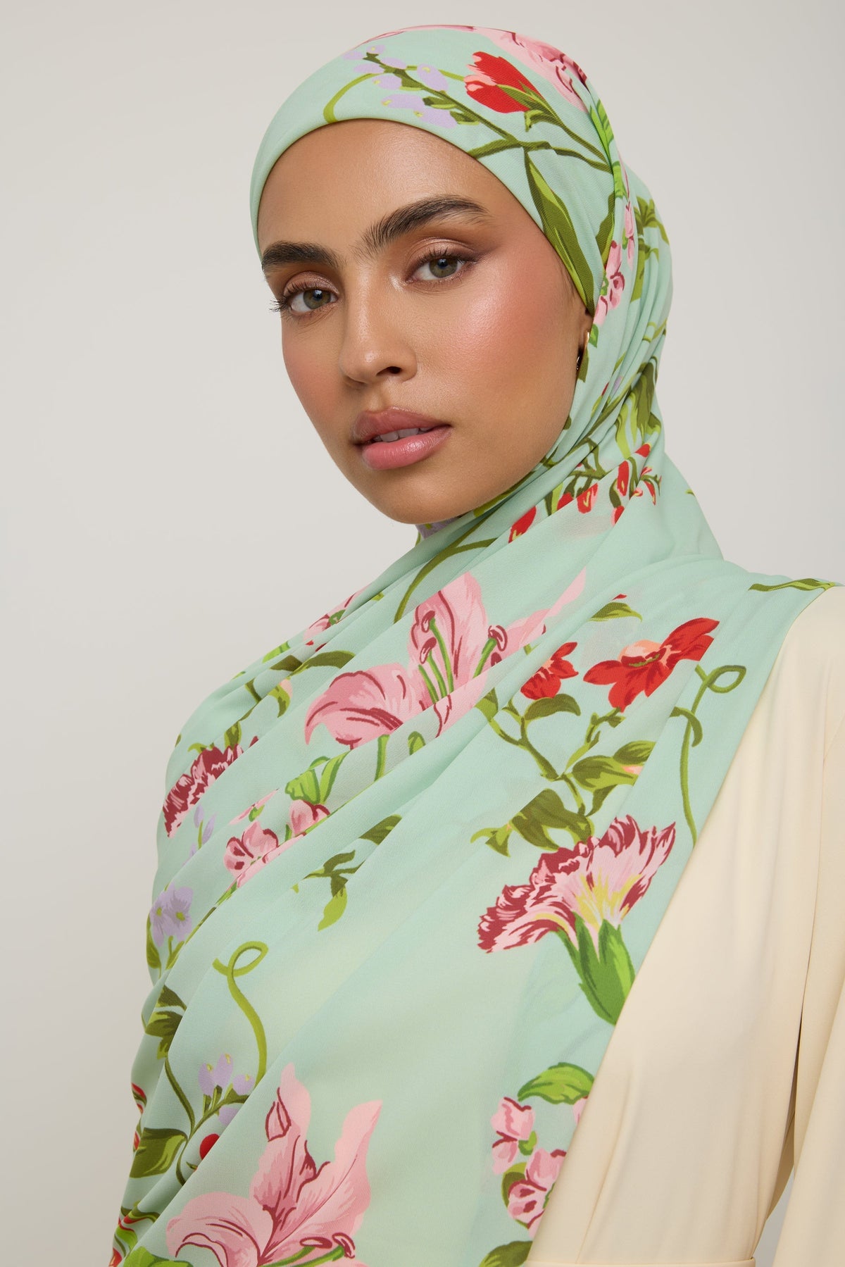 Printed Chiffon Hijab - Pastel Green Floral