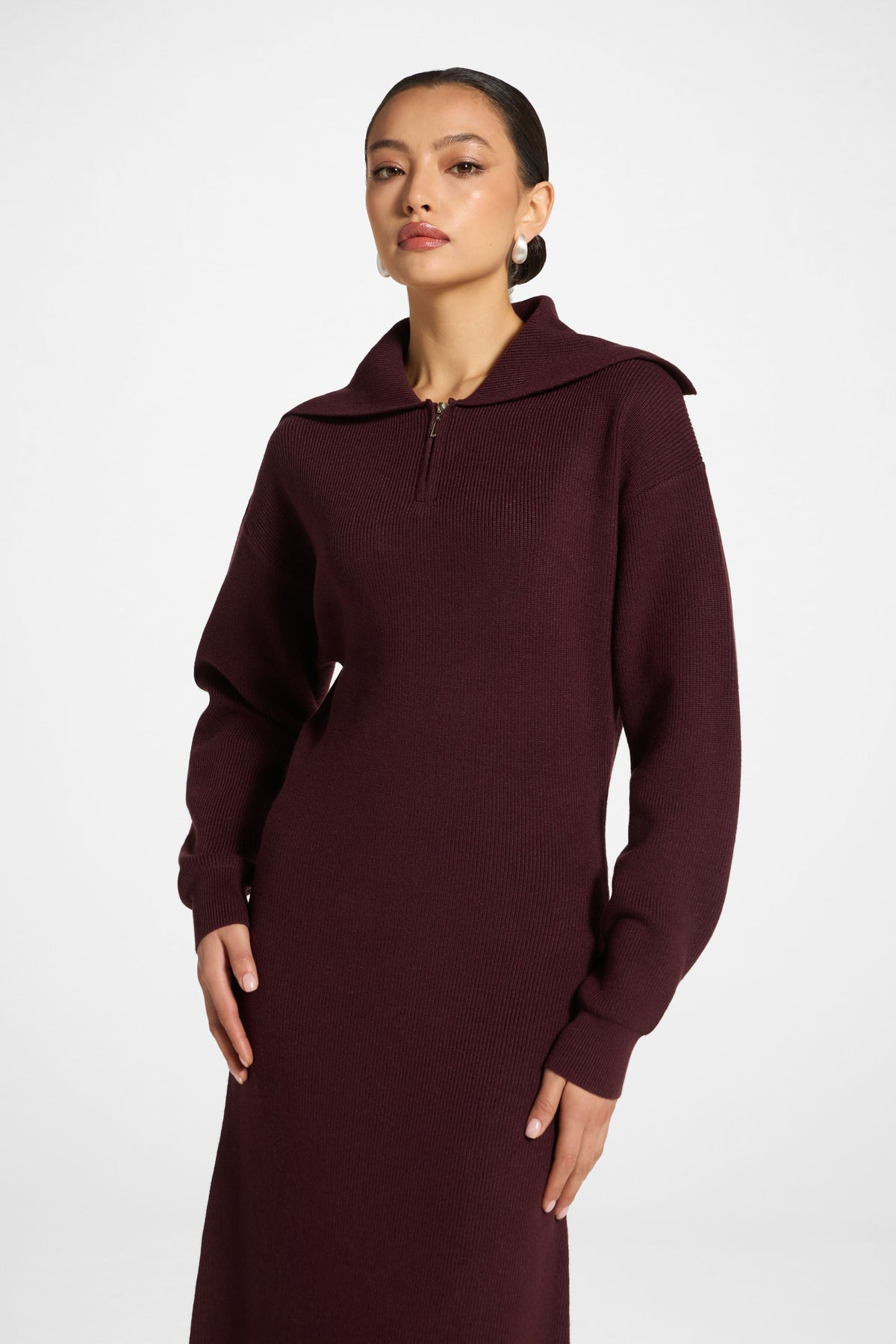 Quarter Zip Knit Maxi Dress - Chocolate Truffle