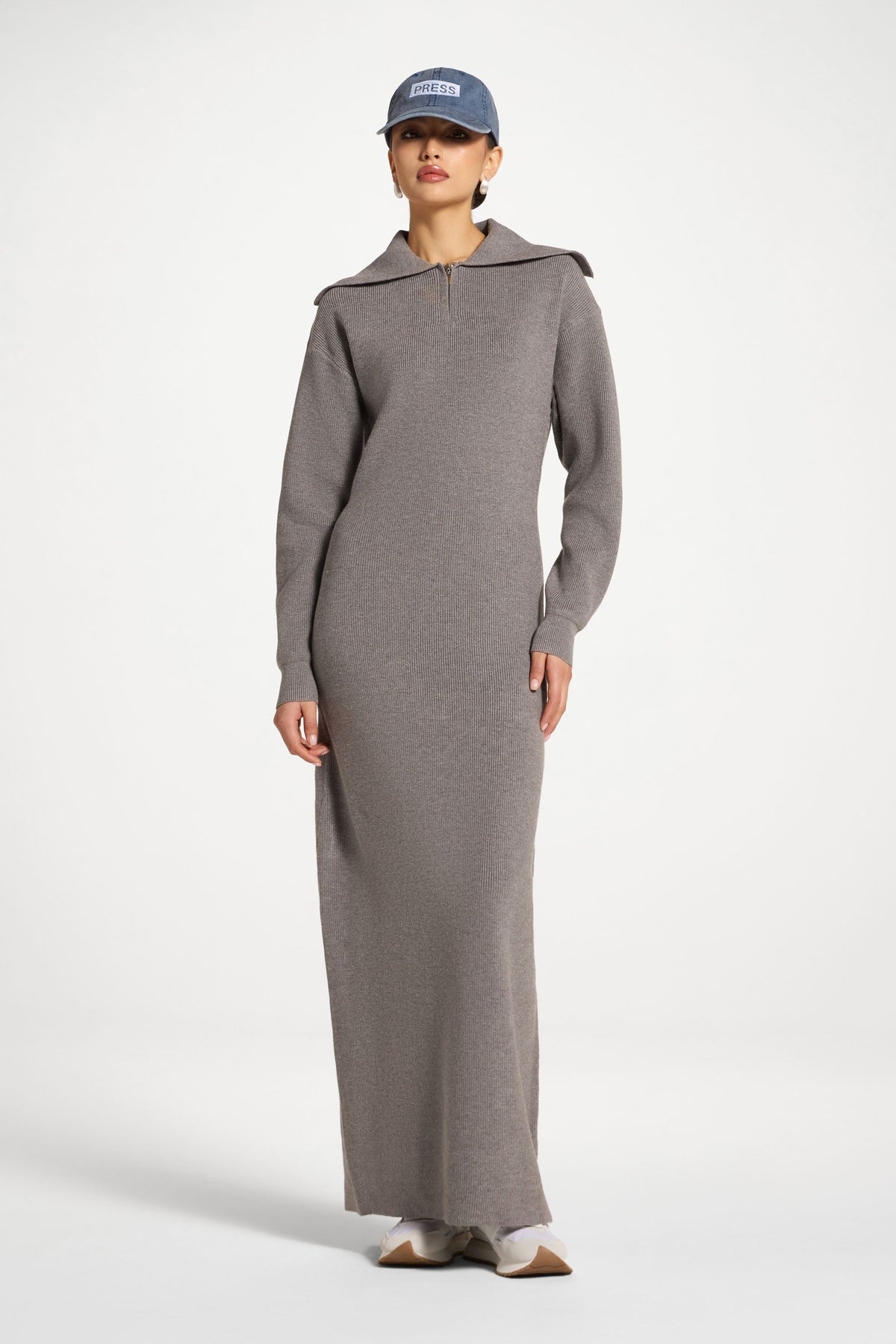 Quarter Zip Knit Maxi Dress - Heather Grey