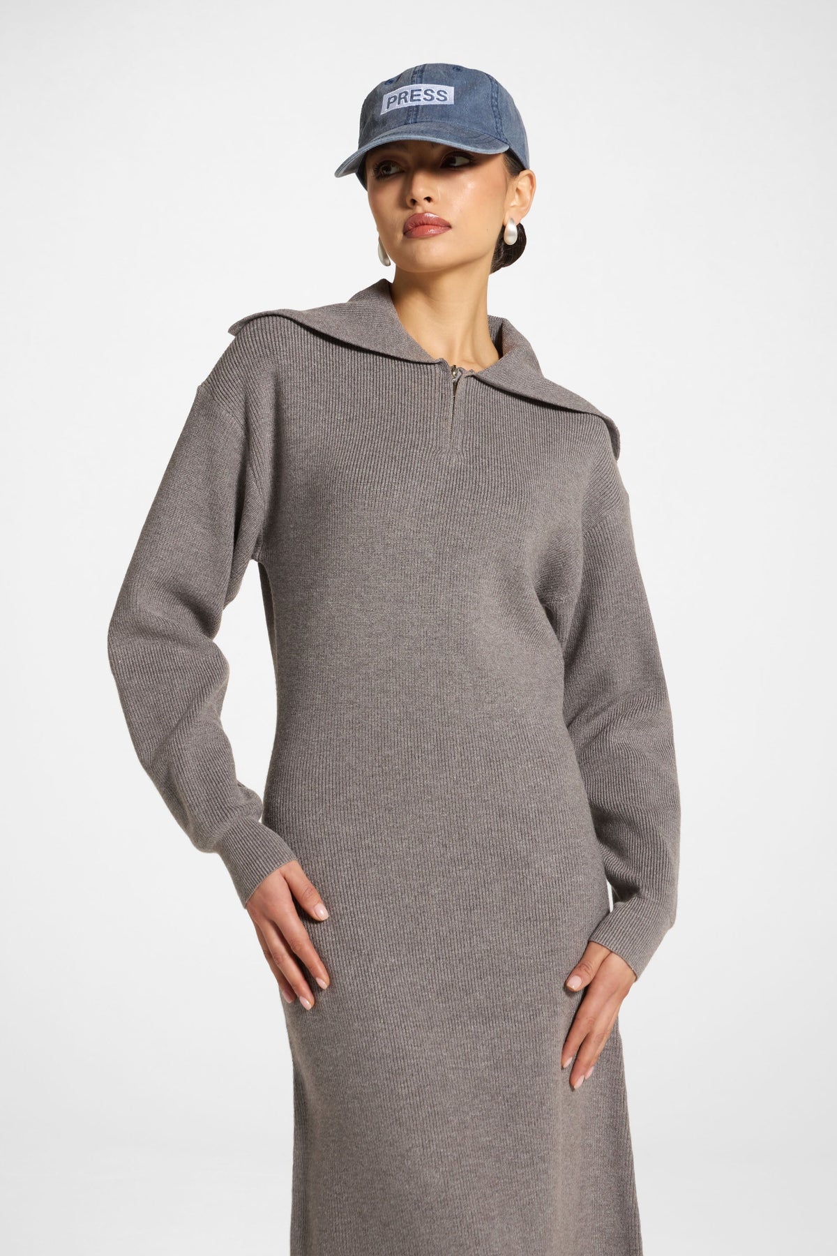 Quarter Zip Knit Maxi Dress - Heather Grey