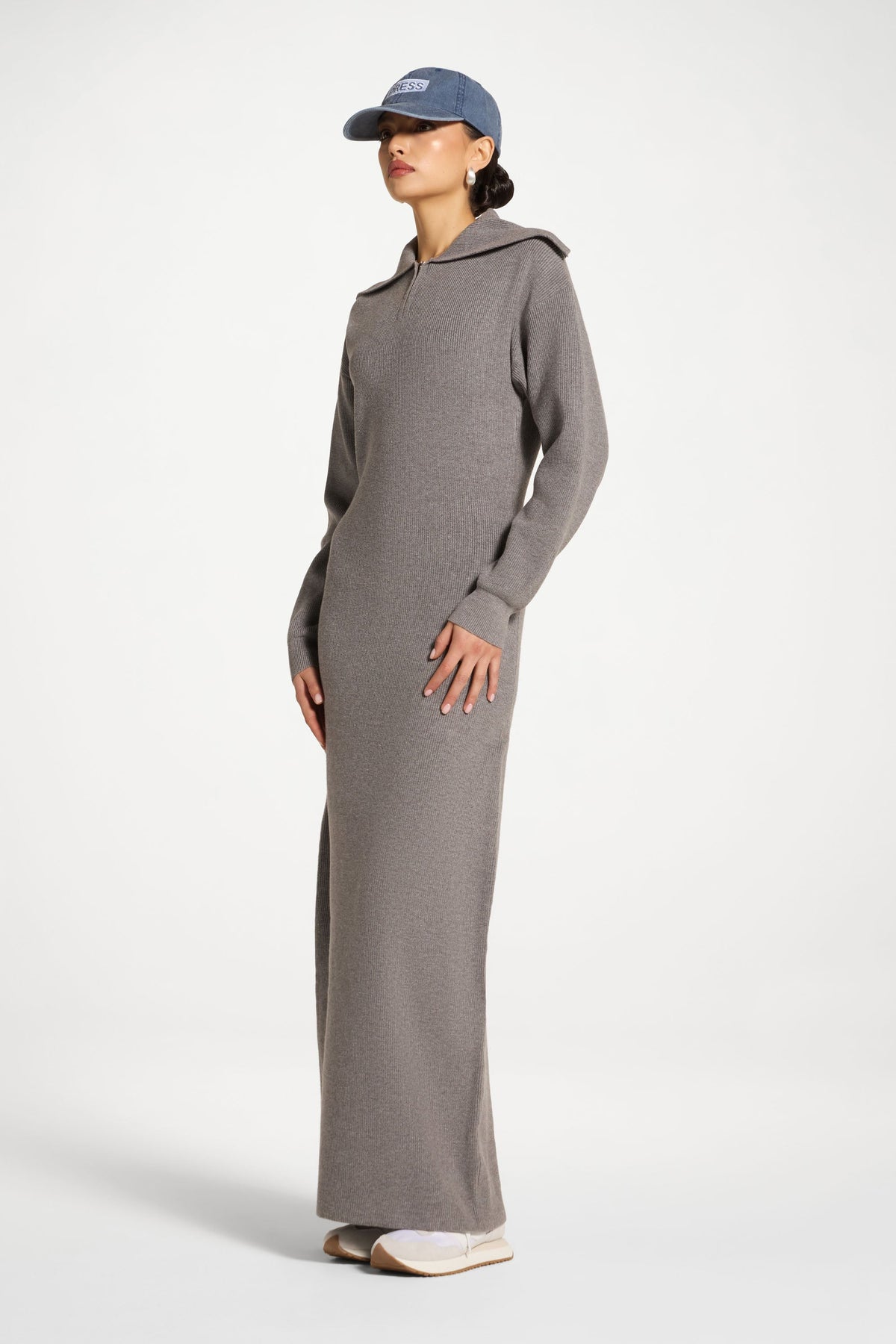 Quarter Zip Knit Maxi Dress - Heather Grey